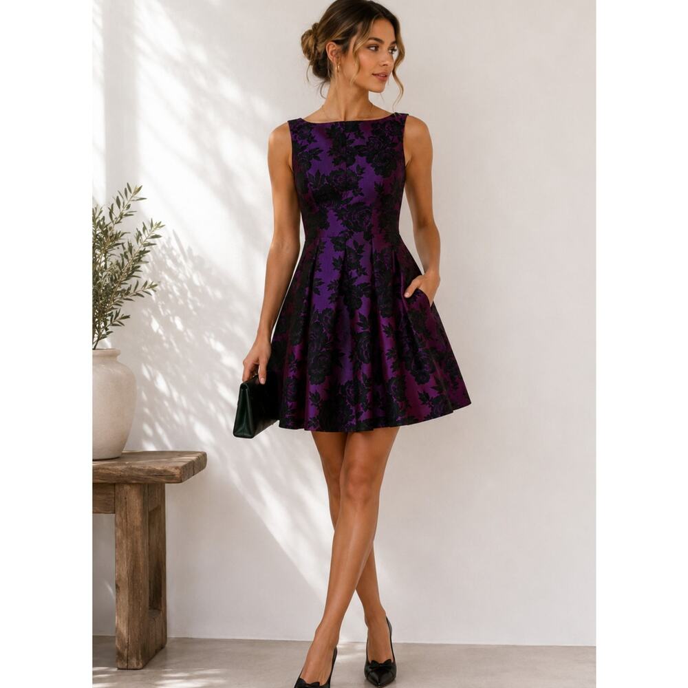 Jill Stuart Purple Floral Jacquard A Line Dress Womens 4 Sleeveless Mini Formal